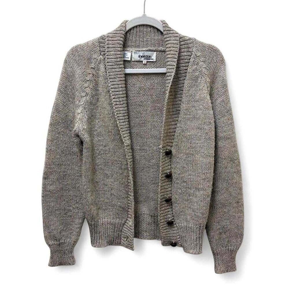 Vintage Sheridan Unique Cardigan S Marled Gray Brown Shawl Collar 70s 80s
